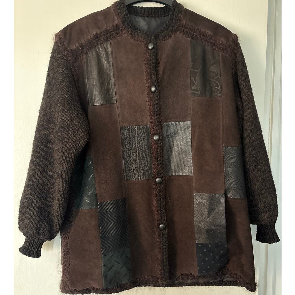 Vintage Leather Wool Silk Patchwork Button Down Jacket Canada Medium